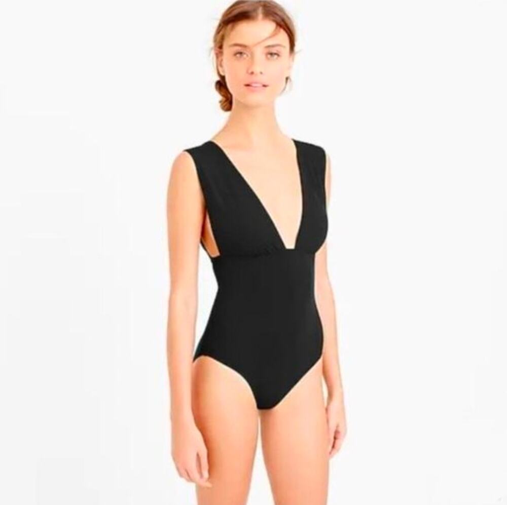 J. Crew Plunge Swimsuit One Piece Vneck 12 Black Swim Beach Boho Vacation Resort